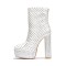 Square Toe Chunky Heels Rhinestones Platforms High Boots - White