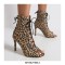 Peep Toe Stiletto Heels Flock Suede Lace Up Spring Gladiator Spring Sandals Pumps - Leopard