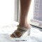 Square Open Toe Chunky Transparent Heels Rhinestones Slip On Sandals Slippers - White Faux Leather