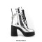 Round Toe Chunky Heels Side Zipper Platforms Ankle Highs Chain Decorated Punk Winter Boots - Silver