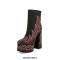Round Toe Chunky Heels Side Zipper Platforms Ankle Highs Rhinestones Beads Flame Boots - Black