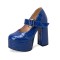 Round Toe Chunky Heels Platfroms Mary Janes Crocodile Pumps - Blue Faux Leather