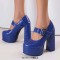 Round Toe Chunky Heels Platfroms Mary Janes Crocodile Pumps - Blue Faux Leather