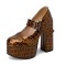 Round Toe Chunky Heels Platfroms Mary Janes Crocodile Pumps - Brown Faux Leather