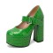 Round Toe Chunky Heels Platfroms Mary Janes Crocodile Pumps - Green Faux Leather