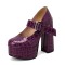 Round Toe Chunky Heels Platfroms Mary Janes Crocodile Pumps - Purple Faux Leather