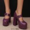 Round Toe Chunky Heels Platfroms Mary Janes Crocodile Pumps - Purple Faux Leather