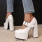 Round Toe Chunky Heels Platfroms Mary Janes Crocodile Pumps - White Faux Leather