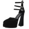 Pointed Toe Chunky Heels Trible Rhinestones Straps Double Platforms Pumps - Black Faux Leather