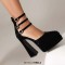 Pointed Toe Chunky Heels Trible Rhinestones Straps Double Platforms Pumps - Black Faux Leather