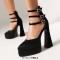 Pointed Toe Chunky Heels Trible Rhinestones Straps Double Platforms Pumps - Black Faux Leather