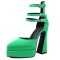 Pointed Toe Chunky Heels Trible Rhinestones Straps Double Platforms Pumps - Green Faux Leather