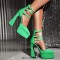 Pointed Toe Chunky Heels Trible Rhinestones Straps Double Platforms Pumps - Green Faux Leather