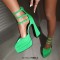 Pointed Toe Chunky Heels Trible Rhinestones Straps Double Platforms Pumps - Green Faux Leather
