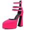 Pointed Toe Chunky Heels Trible Rhinestones Straps Double Platforms Pumps - Rose Faux Leather