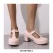 Round Toe Chunky Heels Buckle T Straps Mary Janes Satin Pumps - Beige