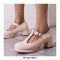 Round Toe Chunky Heels Buckle T Straps Mary Janes Satin Pumps - Beige