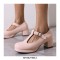 Round Toe Chunky Heels Buckle T Straps Mary Janes Satin Pumps - Beige
