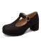 Round Toe Chunky Heels Buckle T Straps Mary Janes Satin Pumps - Black