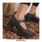 Round Toe Chunky Heels Buckle T Straps Mary Janes Satin Pumps - Black