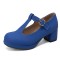 Round Toe Chunky Heels Buckle T Straps Mary Janes Satin Pumps - Blue
