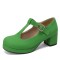 Round Toe Chunky Heels Buckle T Straps Mary Janes Satin Pumps - Green