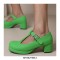Round Toe Chunky Heels Buckle T Straps Mary Janes Satin Pumps - Green