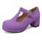 Round Toe Chunky Heels Buckle T Straps Mary Janes Satin Pumps - Purple