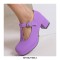 Round Toe Chunky Heels Buckle T Straps Mary Janes Satin Pumps - Purple