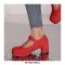 Round Toe Chunky Heels Buckle T Straps Mary Janes Satin Pumps - Red