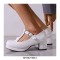 Round Toe Chunky Heels Buckle T Straps Mary Janes Satin Pumps - White
