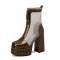 Square Toe Breathable Mesh Panel Ankle Highs Chunky Heels Low Platforms Boots - Golden Brown Faux Leather