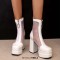 Square Toe Breathable Mesh Panel Ankle Highs Chunky Heels Low Platforms Boots - White Faux Leather