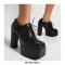 Square Toe Ankle High Lace Up Platforms Chunky Heels British Pumps - Black