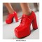 Square Toe Lace Up Platforms Chunky Heels British Loafers Pumps - Red