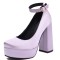Round Toe Ankle Buckle Straps Chunky Heels Platforms Pumps - Light Purple