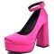 Round Toe Ankle Buckle Straps Chunky Heels Platforms Pumps - Rose Red
