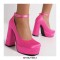 Round Toe Ankle Buckle Straps Chunky Heels Platforms Pumps - Rose Red