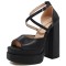 Peep Toe Platforms Cross Straps Pastel Chunky Heels Pumps Sandals - Black