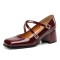 Square Toe Low Chunky Heels Rhinestones Cross Straps Pumps - Wine Red