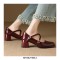Square Toe Low Chunky Heels Rhinestones Cross Straps Pumps - Wine Red