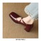 Square Toe Low Chunky Heels Rhinestones Cross Straps Pumps - Wine Red