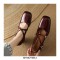 Square Toe Low Chunky Heels Rhinestones Cross Straps Pumps - Wine Red