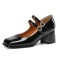 Square Toe Low Chunky Heels Mary Janes Rhinestones Straps Pumps - Black