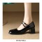 Square Toe Low Chunky Heels Mary Janes Rhinestones Straps Pumps - Black
