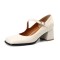 Square Toe Mary Janes Low Chunky Heels Rhinestones Buckle Straps Wedding Pumps - Beige