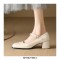 Square Toe Mary Janes Low Chunky Heels Rhinestones Buckle Straps Wedding Pumps - Beige
