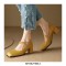 Square Toe Mary Janes Low Chunky Heels Rhinestones Buckle Straps Office Pumps - Yellow