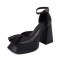 Round Toe Chunky Heels Classic Ankle Buckle Straps Platforms Pumps - Black Faux Leather