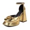 Round Toe Chunky Heels Snake Print Ankle Buckle Straps Platforms Pumps - Gold Faux Leather